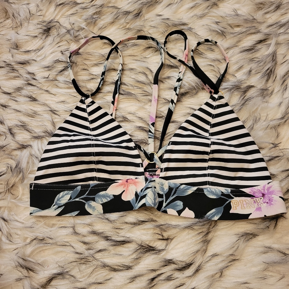 PINK bonded stripped and floral bralette xs